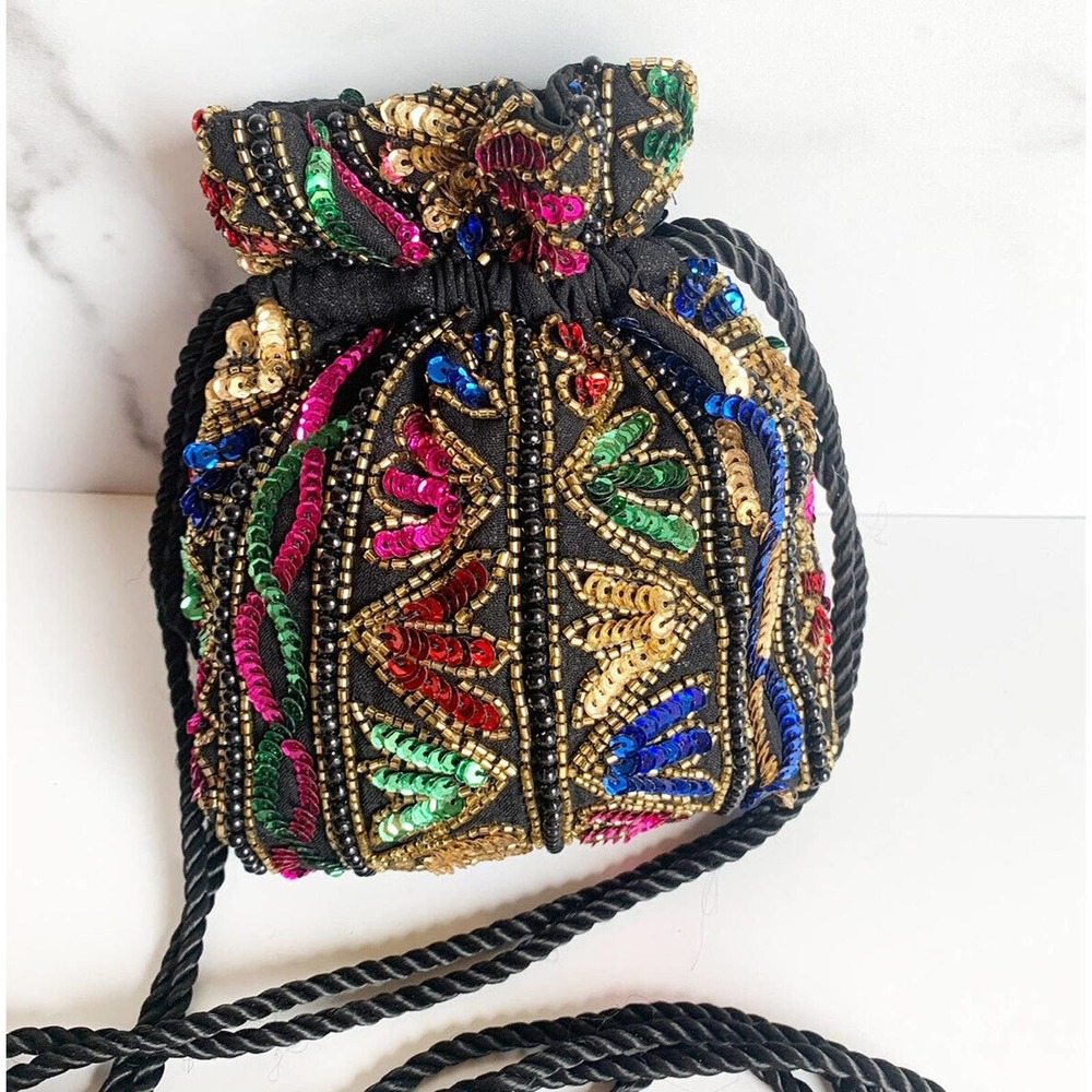 Vintage Malcolm Starr Double Drawstring Purse Bag Beaded Sequins Embellished DR1
